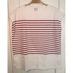 Muji Striped Top / French Sleeve Red Stripe Boxy Cotton Shirt / Size Large